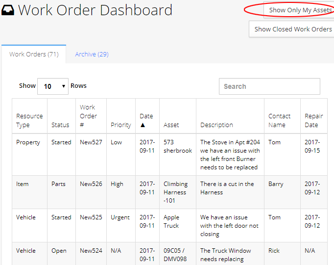 workorder dashboard manager show only my assets